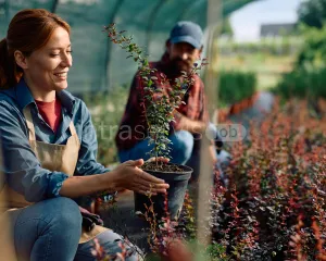 Pracownik szkółki roślin z borówkami