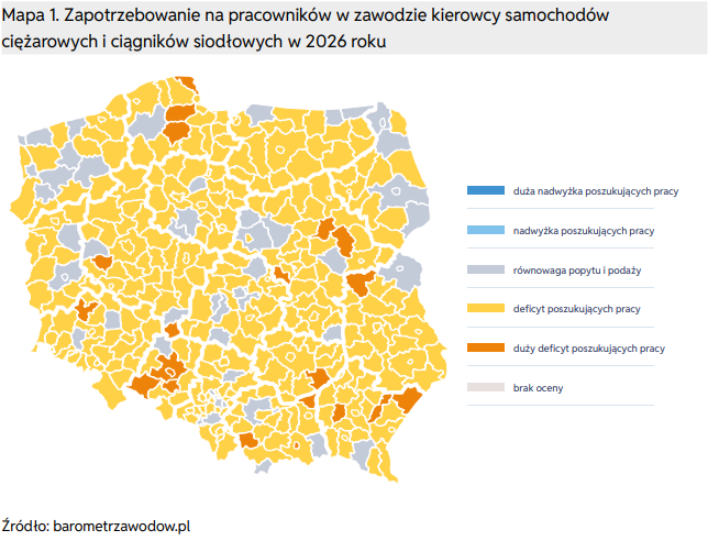 Zapotrzebowanie na pracowników w zawodzie kierowcy samochodów ciężarowych w Polsce w 2026 roku